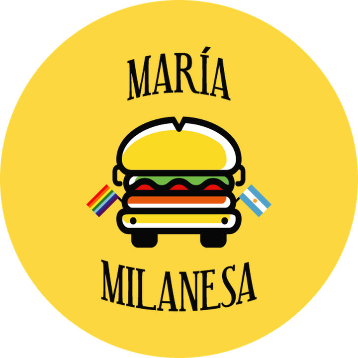Logo de María Milanesa: hamburguesa con banderas de Perú y Argentina sobre adoquines. Te veré volver